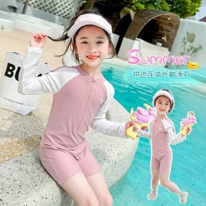 High Aesthetic Value Quick Dry Childrens Swimming Suit Long Sleeve One Piece Swimwear for Girls Anti Exposure Fashionable