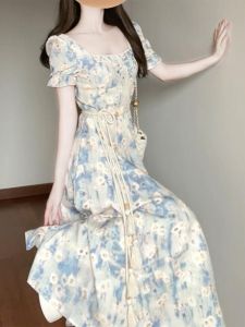 French Style Square Collar Blue Oil Painting Bubble Sleeve Dress Womens Summer New Waist Cinching Slimming Long Dress