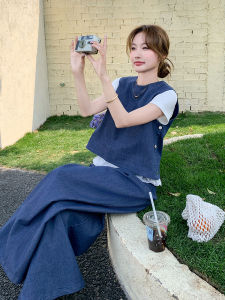 Blue Fashion Fresh Style Womens Vest Set Summer 2025 New Arrival Complete Three-Piece Suit Wide Leg Pants round Neck Short Sleeve