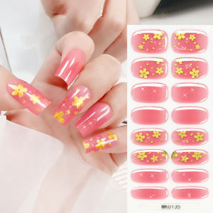 16Tips Baking-Free Gel Nail StickersPink Floral Gold Line Design Self-Adhesive Nail Strips for Spring Summer Women Manicure Wrap
