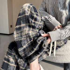 กางเกงขายาวทรงหลวมเอวสูงผ้าขนสัตว์หนาสไตล์ย้อนยุคสำหรับผู้หญิงในฤดูใบไม้ร่วงและฤดูหนาว กางเกงขายาวทรงตรงลำลองยาวถึงพื้น