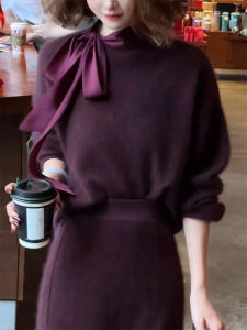 QINGNAER | Elegant Design Loose-Fit French Style Purple Bow Tie Sweater