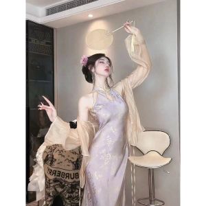 Váy Dài Không Tay Màu Tím Gợi Cảm Sun Ya Qiao Mùa Hè Phiên Bản Mới Của Trang Phục Dân Tộc Trung Quốc Váy Dài Cạp Cao Thường Ngày
