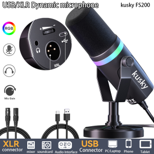 Kusky FS200 USB Dynamic Microphone USB XLR Dual Mode Mic RGB USB Gaming Mic For PClaptopPhoneComputerSound CardMixer