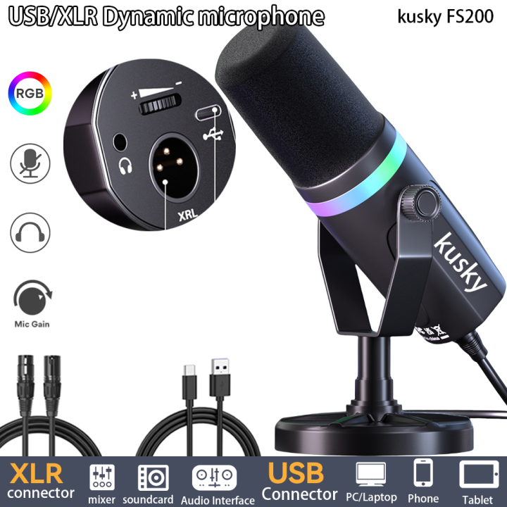 Kusky FS200 USB Dynamic Microphone USB XLR Dual Mode Mic RGB USB Gaming Mic For PC,laptop,Phone,Computer,Sound Card,Mixer