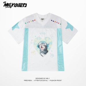 NELY Cute Cat Splice V-neck Short Sleeve Loose Sporty T-shirt Womens Summer Trendy Polyester Fiber Quick-dry Casual Top