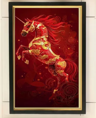 hiasan dinding lukisan cetak kuda merah Mandarin plus figura ukuran 65*45