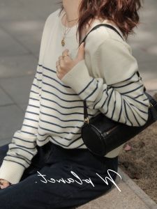 Áo Len Dệt Kim Kẻ Sọc Kiểu Pháp Cho Nữ Cổ Tròn Dáng Rộng Mùa Thu Đông Áo Lót Áo Len Dệt Kim Áo Lót