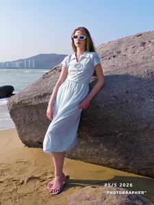 3COLOUR·S | Flared Hem Dress A-Line Slimming Short Sleeved Peter Pan Collar M