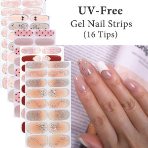 UV Free Gel Nail Stickers Pink Flowers Gel Nail Stickers Glittering Nail Art Stickers Self-Adhesive Simple Gel Full Nail Wraps