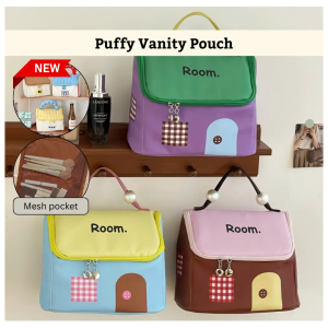 Ready Stock Cute Puffy Vanity Pouch PU Makeup Mini Small Bag Essential Mekap Comel Travel Brush Bottle Kitchen Storage Aesthetic Daily Cosmetic Pouch Large Capacity Beg Solek Wanita Waterproof Skincare Organizer Soft Grip Zipper Multifunction Anti-Leak