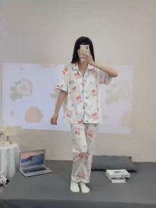 Y&L Fashion #C016 High Quality Cotton Crepe Cartoon Printed Short Sleeve With Pajama Home Wear Set