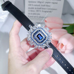 SEQUITO Luxury Quality Women Jewelry Blue White Big Cubic Zirconia White Gold Plated Black Watchband Leather Belt Bracelet Charm Banquet Wrist Accessories B224
