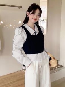 Sweet Style College Wind Short Knitted Vest JK Shirt Two Piece Set Womens New 2025 Spring Autumn Layering Strap Sweater Vest