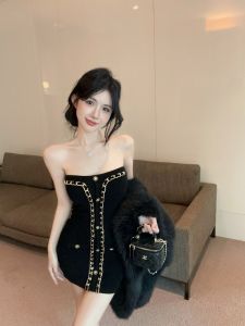 GUZILIAN | Váy ngắn hở lưng dệt kim ôm vừa vặn gợi cảm cho nữ mùa đông cổ điển váy midi chữ A màu đen váy công sở phong cách Hàn Quốc