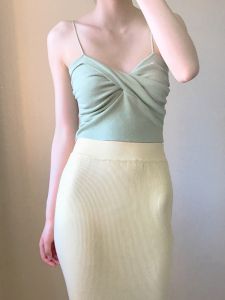 Retro Pure Desire สีเขียว สีเหลือง สีขาว สายคล้อง เสื้อสําหรับผู้หญิง ฤดูร้อน 2022 เปิดหลัง Ruched สลิมฟิต เสื้อสลิงสวมใส่ด้านในแจ๊กเก็ต