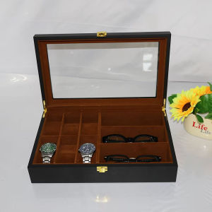 High-end Watch and Glasses Storage Box Made of Wood with Can Store 6 Watches and 3 Pairs of Glasses Transparent Glass Display.