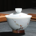 Japanese Style Ceramic Wood Combined New Style Tea Table Cover Bowl Hand-Painted Harmonious Wood Base Anti-Scratch Pear Wood Bottom. 