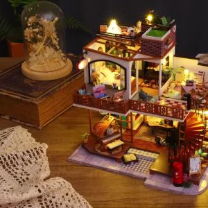 DIY Wooden Cottage Miniature House Kit with LED Light 3D Wooden Puzzle Book Nook Model Assembly Craft Home Decor Gift