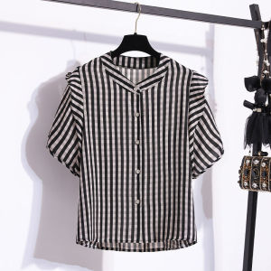 เสื้อเชิ้ตผู้หญิงไซส์ใหญ่ฤดูร้อนปี 2025 ทรงหลวม ดีไซน์กระชับสัดส่วน ลายทางแนวตั้ง เสื้อเชิ้ตทรงหลวม แฟชั่น เสื้อเชิ้ตทรงหลวม