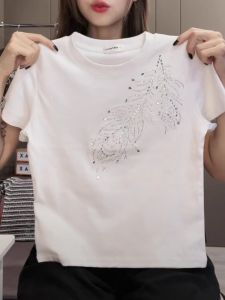 Heavy Duty Rhinestone Slimming Loose Womens T-Shirt Short Sleeve Summer New Daily Commute Casual Top Korean Style Cotton