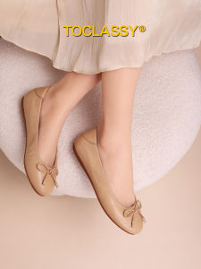 Comfortable French Style Ballet Flat Shoes Deer Patterned Lambskin Milk Tea Color Butterfly Knot Large Size Womens Shoes