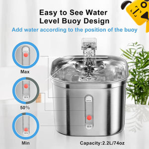 Reddog Cat Drinking Fountain Built-in Stainless Steel Pet Drinker for Cats 3 Filters and Ultra-Silent Pump 2.2L Automatic Dog Drinker Water Bowl