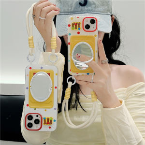 Card-Inserting Color Polka Dot Iphone15/16promax Mirror Phone Case Rope Handle Cloth 11 Applicable 12 Apple 13/14pro Card Holder Protective Case Short Lanyard Three-Dimensional M Bean Change Card Holder