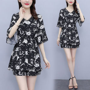 ชุดเดรสผู้หญิงแบบใหม่ฤดูร้อนปี2024ชุดสองชิ้นผ้าชีฟองแฟชั่นเรียบหรูลดอายุสไตล์ตะวันตกใส่แล้วดูผอมเพรียวสำหรับผู้หญิง