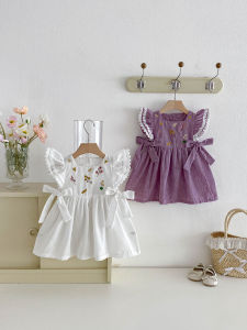 2026 Summer Baby Dress 9M-4T Korean Thin Loose Lace Kids Clothes Embroidered Flowers Girls Dress Children Outfit 2PCS