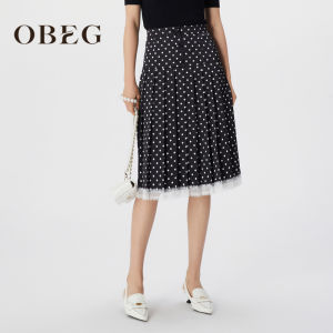 OBEG Retro Polka Dot Halter Neck Mini Dress Womens Fashion Lace Trim Splice Midi Skirt High Waist A-Line Summer Dress