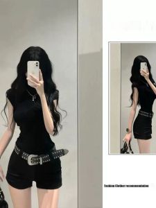 กางเกงขาสั้นผ้ายีนส์เอวต่ำสไตล์ยูนิเซ็กซ์สำหรับฤดูร้อน กางเกงขายาวทรงเข้ารูป เอวยางยืด ทรงเข้ารูป สไตล์เกาหลี