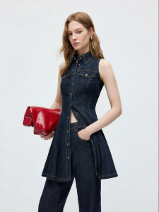 ONLY | Sleeveless Turn-Down Collar A-Line Flare Denim Dress