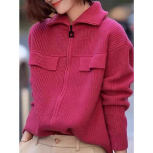 Elegant Unique Lazy Style Zipper Knit Womens Coat