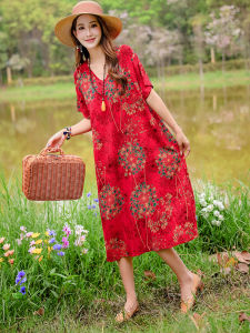 Elegant Cotton Silk Long Dress for Middle-Aged Mothers Summer Outerwear Fashionable Sleepwear V-Neck Midi Dress Floral Print