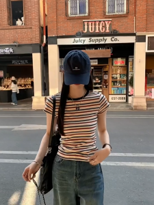 Korean Style Striped T-Shirt Round Neck short sleeve T-shirt for Women Breathable Casual Top