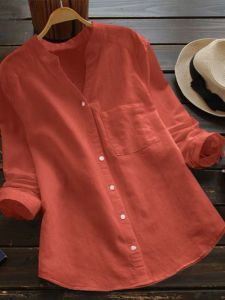Discount Counter Withdraw Classy Ramie Top Casual Linen Womens Long-Sleeved Shirt Cotton Linen V-neck Shirt Early Autumn