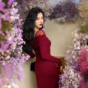 เรียบหรู ถักสีแดง เดรส สําหรับผู้หญิงสไตล์วินเทจสูง เอว สลิมฟิต เหมาะสําหรับงานแต่งงานงานเลี้ยงวันเกิดฉลองคริสต์มาส