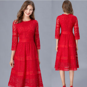 Autumn Winter Womens Fleece Lined Lace Dress Long Sleeve Slimming Midi Skirt High Waist a Line Dress Zipper Closure