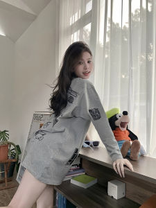 Loose Long Sleeve T-Shirt Women Floral Grey Cartoon Print Top European Style Autumn Fashion Comfortable Cotton Blend Base Shirt