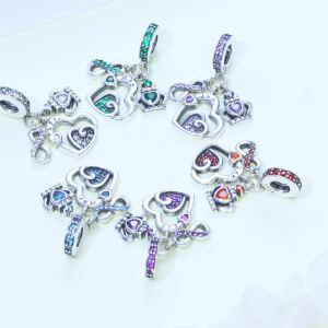 S925 Sterling Silver Charm 12 Months Birthstone Lucky Colour Fine Charm Fashion Crown Hearts Pendant For DIY Jewelry Making Gift