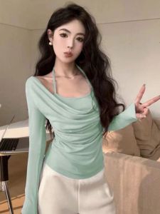Pure Desire Purple Swing Collar Fake Two-Piece T-shirts Inner Wear Female 2024 Autumn New Arrival Korean Style Elegant Slim-Fit Crop-Top