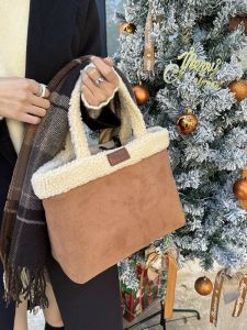 South Korea Ins Special-Interest Design Retro Horn Button Suede Satchel Vegetable Basket Bag Imitation Lamb Wool Tote Bag