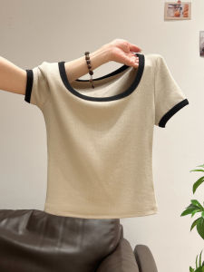 Retro American Color Block Short Sleeve T-Shirt Women Summer 2025 New U-Neck Slimming Fashionable Korean Style Top