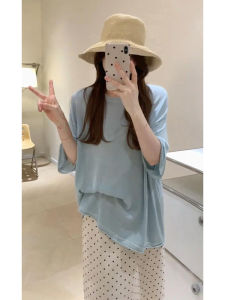YUEZHONGWEI | Loose Fit Ice Silk Knitted Short Sleeve T-Shirt Blue Round Neck Half Sleeve Summer Slimming Design Womens Casual Top