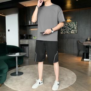 ROMON | Lomond Mens Ice Silk Sports Suit Summer Thin Short Sleeve T-shirt Outdoor Running Fitness Casual Shorts Two-piece Lightweight