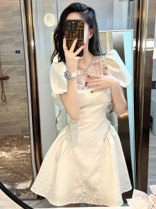 Elegant French Style White Square Collar Dress Summer Fashion High Waist Diamond Embellished Beautiful Short A-Line Dress