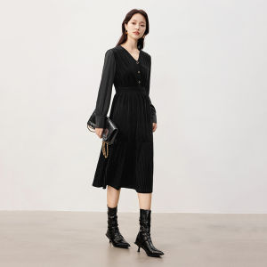 Yigue | Vintage French V-Neck Thick Autumn Spring Corduroy Waist-Cinching Long Sleeve Dress