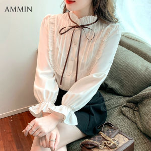AMMIN โบว์สุนัขข้างหูไม้สำหรับผู้หญิงเสื้อชีฟองทรงหลวมสไตล์เกาหลีใหม่เสื้อผ้าชีฟองแขนพองใส่ในแขนยาวฤดูใบไม้ร่วง