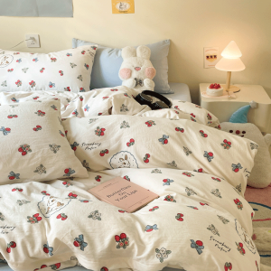 Rustic Floral Strawberry Washed Cotton Bedding Set Dormitory Bed Sheet Cover Three Piece Set Bed Canopy Four Piece Set